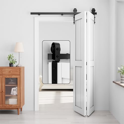 WINSOON Kit de porte coulissante à deux volets de 152 cm pour porte coulissante de grange pliante - Rail de placard noir - Double porte intérieure en bois - 71 cm - Sans porte
