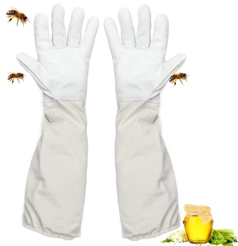 Roysmart Imkerhandschuhe aus Ziegenleder, Imker Schutzhandschuhe mit Langen Ärmeln, Arbeitshandschuhe für den Garten, Atmungsaktive Imkerhandschuhe Herren Damen, Imkerei Zubehör (Weiß)