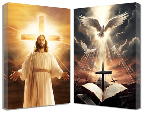 ZQQART Leinwandbild Jesus und Jungfrau Maria 2 teilig Heiliges Herz Jesu und Jungfrau Maria Gemälde Jesus Poster Kreuz Bibel Taube christliches Bild religiöses Dekor (D,30x40cmx2)