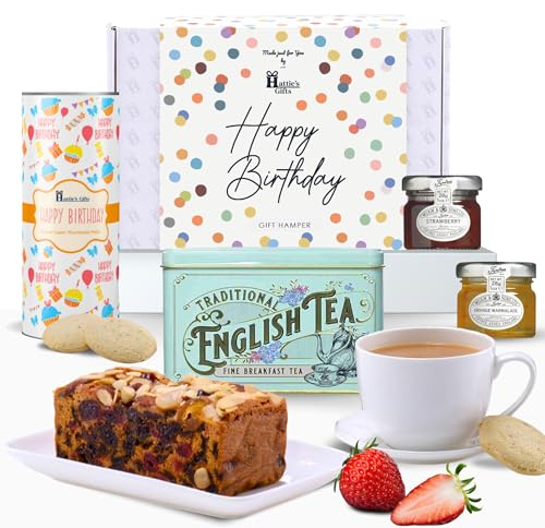 Hattie’s Gifts Birthday Hamper - Luxury Afternoon Tea Gift Set with Vintage Victorian Tin, Fruit Cake, Shortbread and Jams - Tea Lover Milestone Birthday Gift