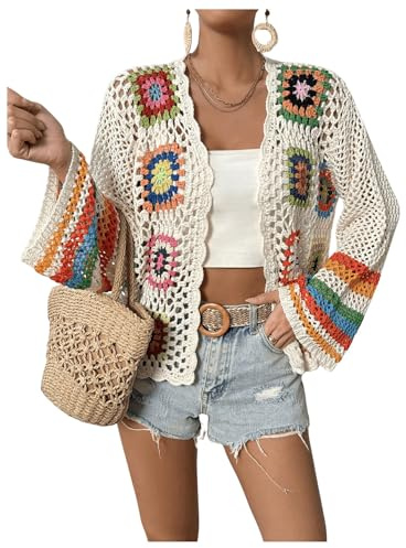 SHENHE Women's Floral Crochet Cardigan Hollow Out Open Front Long Sleeve Cardigan Sweater Apricot L