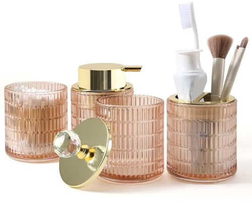 DASITON Badezimmer Zubehör Set aus Glas, 4-teiliges Badezimmer Set von Seifenspender, Zahnbürstenhalter, Zahnputzbecher, Wattestäbchen Behälter, Deko Bad Sets Hochwertiges Badaccessoires Sets (Rosa B)