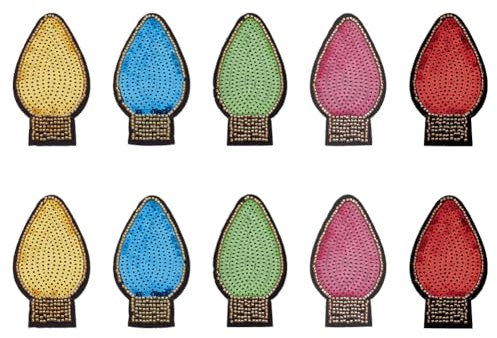 FINGERINSPIRE 10 Stück Weihnachts Glühbirnen Aufnäher 5 Farben Glühbirnen Pailletten Aufnäher Polyester Glühbirnen Perlen Applikation Pailletten Zum Aufnähen/Aufbügeln Glühbirnen Glitzer Applikation