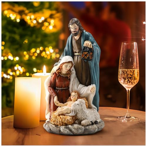 Magicsculp 6.5” Christmas Nativity Set - Holy Family Statue Catholic with Sheep, Handcrafted Collectible Jesus, Mary, & Joseph Figurines for Tabletop & Desk Display, Religious Gift for The Holidays