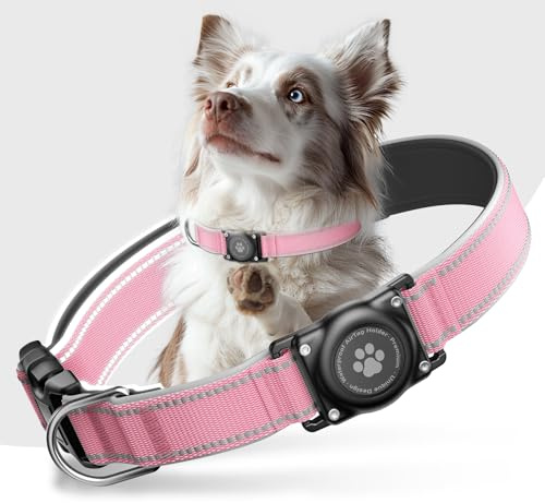 Airtag Hundehalsband - 100% Wasserdicht Air Tag Hundehalsbandhalter für Apple AirTag, reflektierend, weich gepolstert, ewig, GPS-Hundehalsband für mittelgroße große Hunde (Rosa, XL)
