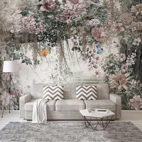 Tzxztt Vintage Blumen Rebe Schmetterling Moderne 3D Tapete Geprägte Seide Neutrale Töne Material Ideal Für Wohnzimmer Schlafzimmer-150cm×105cm