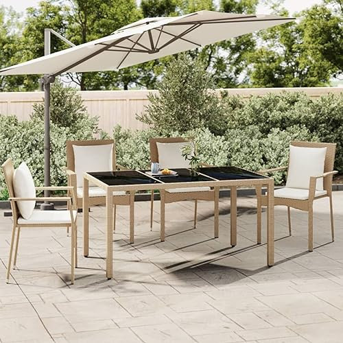 Xichuzi Gartentisch mit Glasplatte, Balkontisch, Terrassen Tisch, Terrassentisch, Garten Esstisch, Gartentisch, Gartenesstisch, Gartenmöbel, Beige Poly Rattan & Hartglas