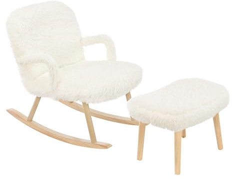 Henunem Schaukelstuhl mit Hocker, Sessel Relaxsessel Schaukelsessel Wohnzimmersessel, Schwingsessel Akzentstuhl,mit Holzkufen,für Wohnzimmer, Schlafzimmer, Studie, Lesesaal, Balkon (Weiß + Plüsch)