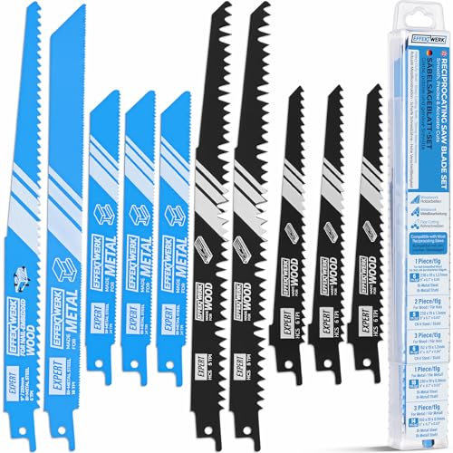 EffektWerk - Reciprocating Saw Blade Set - 10 Pieces - Heavy-Duty HCS Steel Sabre Saw Blades for Wood, Metal & Plastic - 5/6/14/18 TPI