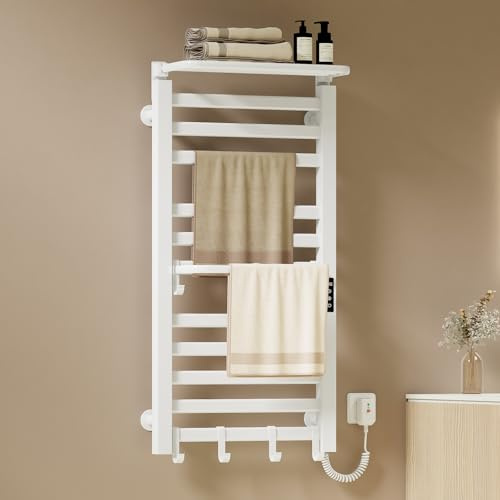 EMKE Scaldasalviette Elettrico Bagno 1000 x 500 mm, Bianco,280W | Termoarredo Elettrico Bagno con Mensola e Ganci, Temperatura Regolabile 30-70°C, Timer&Memoria,Scalda asciugamani