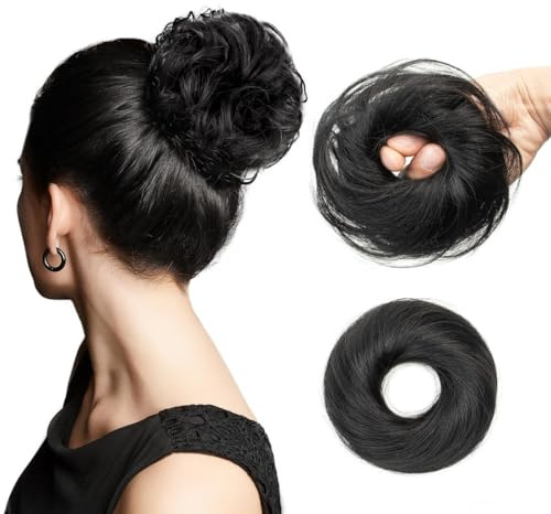 ISHEENY Haarteil Mit Gummiband, Groß Dutt Haarteil Haargummi Mit Haaren Gelockt Haardutt Synthetisch Haarverlängerung Pferdeschwanz Haarteile für Damen Mädchen, Tiefschwarz #1