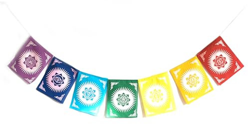 Drapeaux de prière tibétains 7 chakras avec mantra - faits à la main au Népal | Grands 26 x 20 cm pour jardin, méditation, yoga
