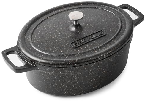 ESEVOLO Bräter Oval mit Deckel groß Schmortopf Induktion 31 cm 6,3 L Brot Backen Dutch Oven Stil, leichter als Gusseisen Topf, Aluguss mit PFAS-Frei Antihaftbeschichtung, für Schmoren Braten, Schwarz