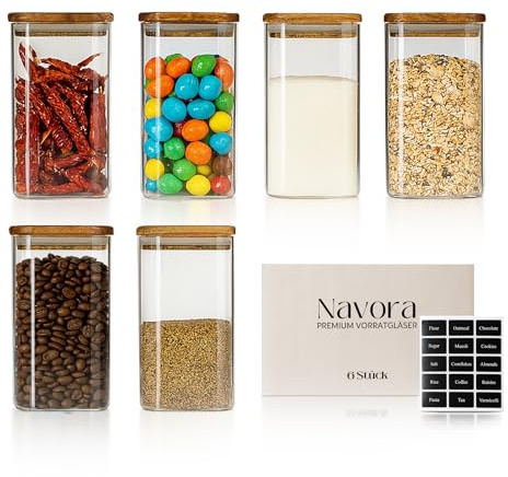 Navora® Vorratsgläser mit Deckel – quadratisch – Glas Aufbewahrungsgläser Küche – luftdicht & BPA-frei mit Akazienholz-Deckel 3x1200 ml