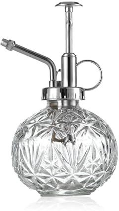 KoGiio Pflanzen Glas Sprühflasche, 240ml Retro Relief Pflanzensprüher mit Pumpe, Blumen Zerstäuber Drucksprüher für Balkon Kleiner Gartenpflanzen Indoor Haus Oder Büro Transparent + Silber Sprühkopf