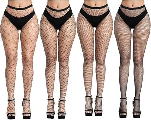 srclo 4 pantimedias de red, color negro, medias de red, medias de malla, medias de cintura alta, medias de red de pesca para mujer (talla única)