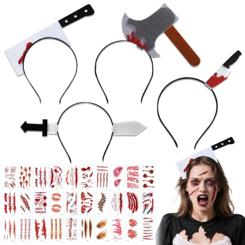 LGZIN 4 Piezas Diadema de Terror de Halloween, Halloween Horrible Diadema con 30 Hojas Hallowee-n Cicatrices Tatuajes, Diadem-a Hacha Cuchillo Hallowee-n para Carnaval, Mascarada, Cosplay