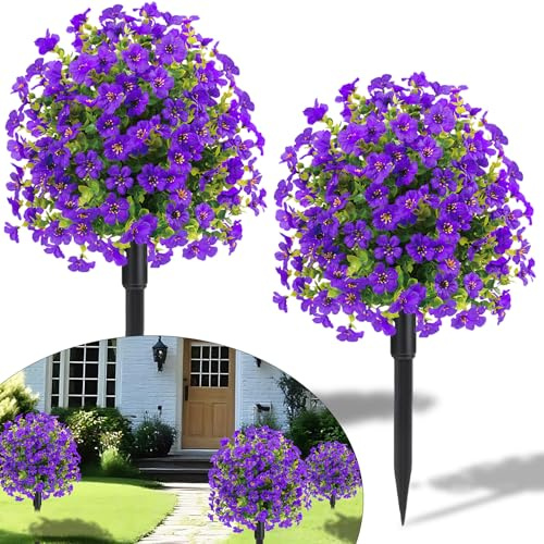23 Set of 2 Spring Artificial Boxwood Topiary Ball Trees with Spikes,UV Resistant Fake Outdoor shrubs with Violet Flowers, Realistic Faux Plants Bushes for Garden Porch Yard Patio(Purple)