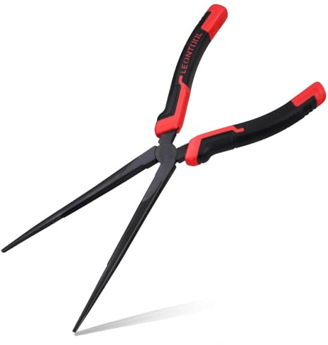 LEONTOOL Spitzzange mit extra langer Spitzzange, 25,4 cm, für Autoreparatur und Schweißhilfe, lange Spitzzange aus Stahl, 45, gezackte Backen für enge Räume