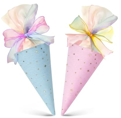 Lot de 2 mini sacs d'école à remplir - Pour frères et sœurs - Pour fille et garçon - En forme de cône - Pour débutant - Bonbons - Papeterie (rose + bleu)