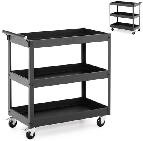 Carrello portautensili con Ruote, Carrello portautensili con Struttura in Metallo, 4 Ruote e Maniglia, Carrello portaoggetti con Ruote per impieghi gravosi, per Garage, Magazzino e