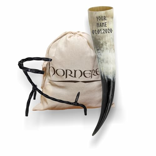 Hornerey Trinkhorn 500ml, Personalisierbar mit Gravur, Handgefertigt aus Horn, Mittelalterlicher Viking-Stil, mit Ständer und Baumwollsäckchen, Personalisiertes Methorn