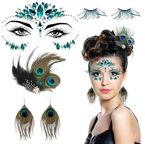 CIYIN Pfau Kostüm Damen Set, Pfau Kopfschmuck und Künstliche Wimpern, Glitzersteine Gesicht, Pfa-u Ohrringe, P-fau Themen Outfit Accessoires für Karneval, Mottoparty, Cosplay