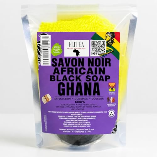 Savon Noir Africain du Ghana 100 g + Filet de Douche Africain Djampé | 100% Naturel & Artisanal | Soin Visage, Corps & Cheveux | Nettoyant, Purifiant & Éclat Naturel | Véritable African Black Soap
