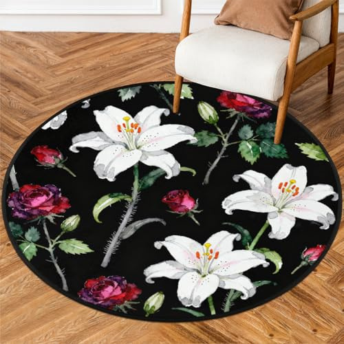 Drekrid Tappeto rotondo da 90 cm, lavabile, con gigli bianchi e rose rosse, tappeto per ingresso, antiscivolo, per interni, camera da letto, soggiorno, divano, sotto il tavolo da pranzo, decorazione