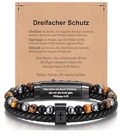 Kreuz Armband Herren Christliche Geschenke - Herrenarmbänder Lederkordel Naturstein Gravur Philipper 4:13 Jesus Christus Kruzifix Männer Armband Geschenk Geschenke für Männer Ehemann Jungen