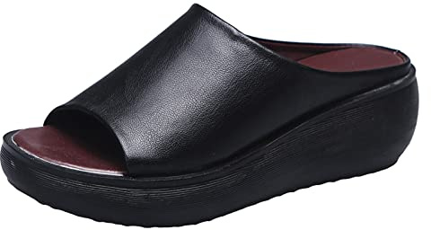 Skor med kilklack för dam skor bak öppen dam damsandaler, retro, enfärgad, vår och nytt mönster, enkla -on-sandaler med kilklack, bekväma mjuka sulor, mors dag, svart, 41 EU