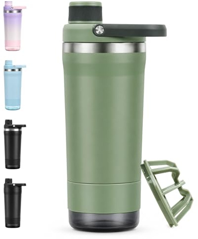 RDTOK Shaker Proteinshake Edelstahl, 700ml Edelstahl Shaker mit Pulverfach | Eiweiß shaker Klumpenfrei, Auslaufsicher, Geruchsneutral für Freizeit und Sport, BPA-Frei, Salbeigrün