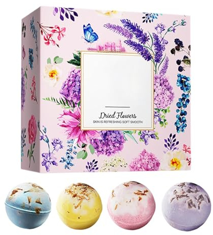 Bombe da Bagno per Donna 4 Pezzi con Fiori Essiccati per il Bagno | Balls Effervescenti al Sale da Bagno Regalo per Lei, Fidanzata, Moglie, Mamma, Cena Romantica, Compleanno, Viaggio, Relax