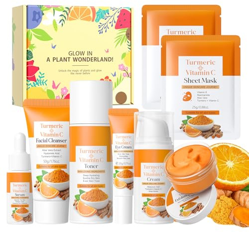 BeauBase Kit Soin Visage Curcuma Vitamine C 8 Pcs | Coffret Cadeau Femme | Routine Hydratante Éclat | Skincare Beauty Gift Set avec Nettoyant Crème Sérum