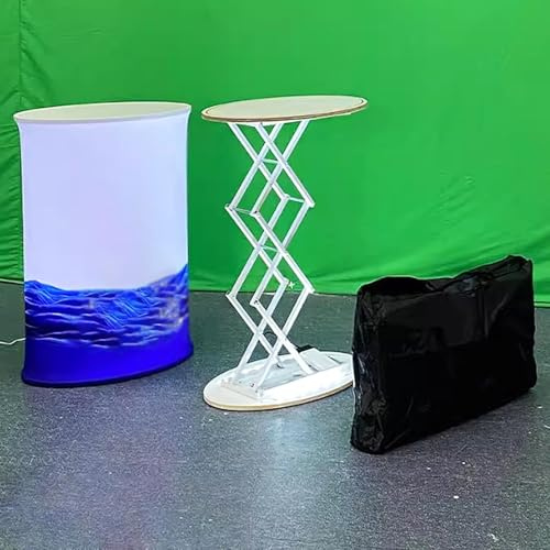 Foldable Trade Show Display Podium with LED Lights - Pop-Up Tension Table Banner for Exhibitions Booths Vendor Events & School Fairs 3 Styles Available (Elliptical)