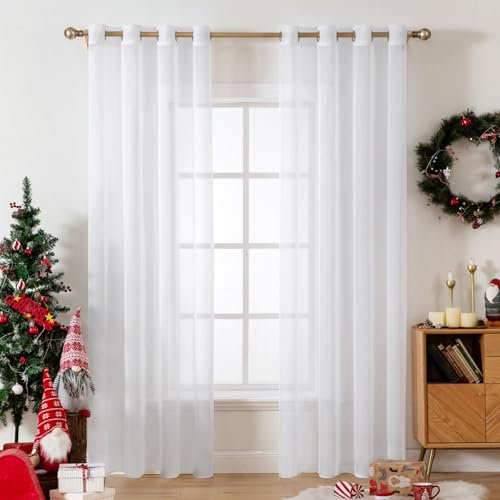 MIULEE 2er Set Voile Vorhang mit Ösen Transparente Gardine aus Voile Polyester Wohnzimmer Luftig Dekoschal für Schlafzimmer Weiß 225 x 140cm (H x B), Grommet Top