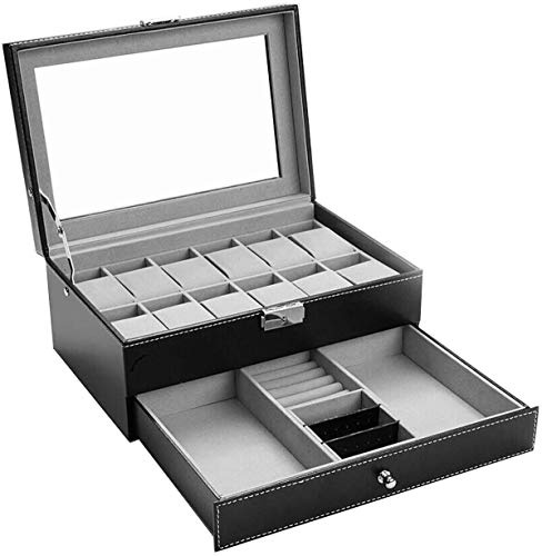 Uhrenbox mit 12 Fächern für Herrenuhren, Kunstleder, Schmuckkästchen, Brillen- und Sonnenbrillenetui, abschließbare Uhrenkoffer, Schmuckschublade zur Aufbewahrung und Präsentation