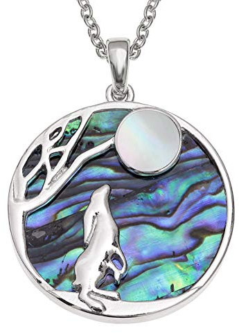 Kiara Jewellery Reversible Hare Gazing At Moon Pendant Necklace On A Disc Of Green Paua Abalone Shell & Mother Of Pearl Moon, on 18 Trace Chain.