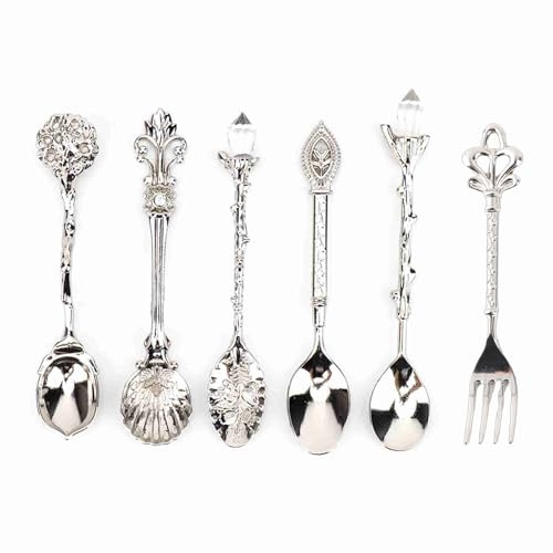 6 Stück/Set Vintage geschnitzte Kaffeelöffel Teelöffel Retro Zinklegierung Dessert Couchtisch Geschirr Löffel Besteck Küche(Silber)