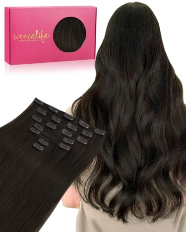 WENNALIFE Clip in Extensions Echthaar, 35cm 14 Zoll 120g 7pcs Dunkel Braun Hair Extensions Clip in Echthaar Remy Clip in Haarverlängerung Natürliche Echthaar Extensions