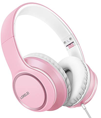 LORELEI X8 - Cuffie sovrauricolari con cavo, con microfono, linea in nylon anti-groviglio da 1,45 m e spina da 3,5 mm, leggere, pieghevoli e portatili, per smartphone, tablet, computer, MP3/4 (rosa