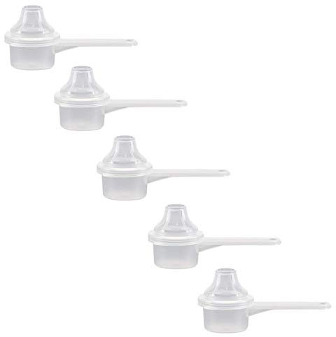 The Scoopie, 5 cc | 1 Teaspoon | 1/3 tbsp | 5 mL, Plastic Short Handle Scoop with Attached Funnel, Measuring Spoons for Powders, Coffee, Pet Food, Protein, Spices and Other Dry Goods (5 Pack, Opaque)