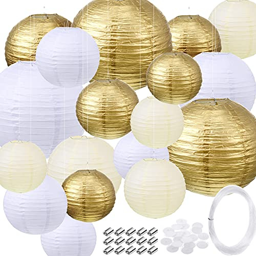 Pelopy 18 Pcs Paper Lanterns 4/6/8/12 Inches Round Chinese Japanese Paper Lanterns for Indoor New Year Valentine's Day Wedding Birthday Party Decorations(Gold, Beige, White,4/6/ 8/12 Inch)