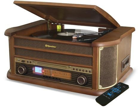 Platine Vinyle Roadstar HIF-1993BT 33-45-78 TRS, 2 Enceintes 32W PMPO, CD, Cassette, USB, Bluetooth, FM AM Radio, Finition Bois