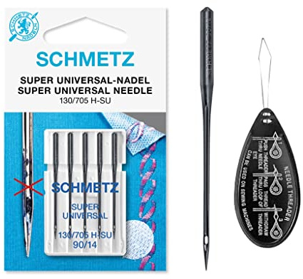 IPC Sewing Parts Super Universal (Antihaft/Anti-Kleber) Nähmaschinennadel, Größe 90/14, inklusive großem Nadeleinfädler (5 Stück)
