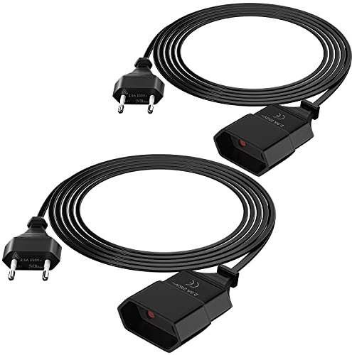 2 Stück Verlängerungskabel Flach 2M, 2 Polig Eurostecker Verlängerung, Flaches Stromkabel 250V 2.5A 0,75mm², für TV PC Lampe, Schwarz