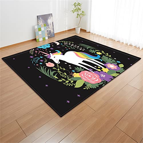 Teppich Einhorn 3D Rainbow Horse Print Kinderteppich Spiel Bodenmatte rutschfest Junge Mädchen Teppich Wohnzimmer Schlafzimmer Schwarz Grau Rosa Blumen Einhorn Fußabtreter (Farbe6,120 x 180 cm)