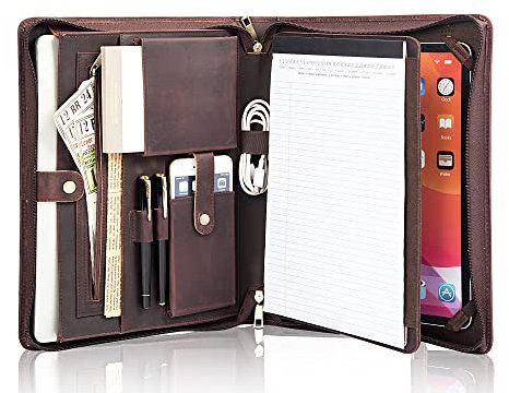 Calfinder Schreibmappe A4 Leder, Konferenzmappe Ledermappe mit a4 Klemmbrett, Business Mappe Organizer, Reißverschluss Dkumentenmappe, Tablet für iPad Pro 12.9(2018/2020/2021), Dunkelbraun