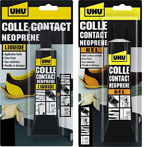 UHU Contact Néoprène liquide - Colle super forte universelle et liquide, adhère immédiatement, transparente, tube 42g & Contact néoprène gel - Colle super forte universelle et gélifiée, tube 120g