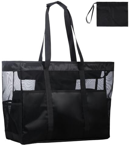DEWUR Strandtasche XXL Familie Groß Badetasche Strandtasche mit Reißverschluss Strandtasche Faltbar Schultertasche Badetasche Familie Shopper Handtasche für Strand Urlaub Reisen (Schwarz)